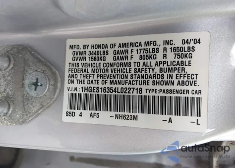 2004 Honda Civic Vp z USA, uszkodzony, nr VIN 1HGES16354L022718